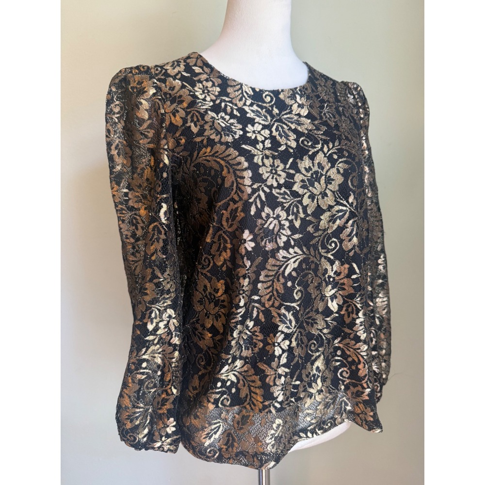 Chico's Gold black Lace Top Size s 0  Floral Black whimsi boho dainty resort y2k